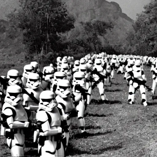 Image similar to star wars clone troopers offer aid to soldiers in vietnam, photo, old picture, lush landscape, field, firearms, war, bombs, explosions, x - wings, tie fighters, aerial combat, active battle zone, in trenches, star wars droid battle, jedi master, land mines, gunfire, grenades, violence, tanks, lasers