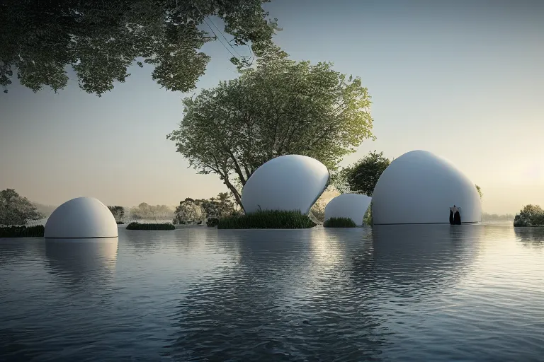 Image similar to many white round egg shaped building combinations intersect and depend on each other to form a building, by pierre bernard, on the calm lake, people's perspective, future, interior wood, dusk, unreal engine highly rendered, global illumination, radial light, internal environment