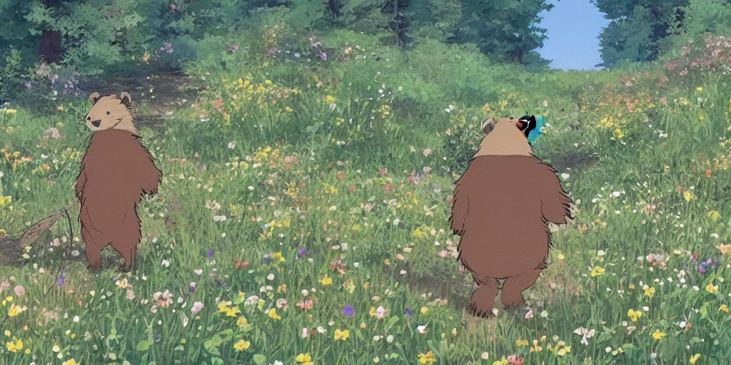 Prompt: A beaver walking upright, wearing a backpack, hiking across a field of wildflowers, art by Studio Ghibli, Chronicles of Narnia, anime