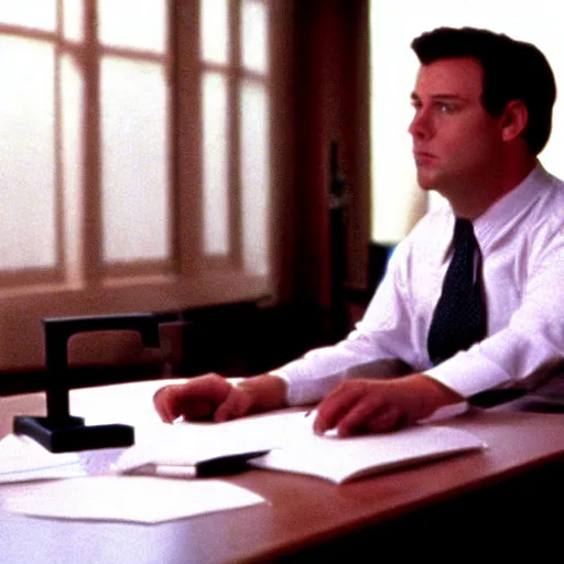 Image similar to clean - shaven chubby white wearing a shirt and necktie sitting at a desk, 1 9 8 9 movie still, cinematography, cinematic lighting