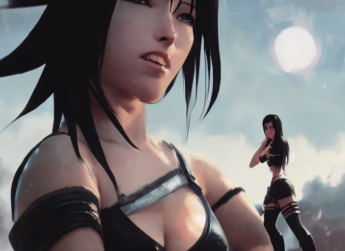 Prompt: close up cinematic artwork of Tifa Lockhart staring down the enemy on the battlefield by Greg Rutkowski, 4k, masterpiece