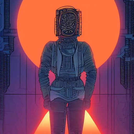 Prompt: in the style of max prentis and deathburger and laurie greasley a young wearing a cyberpunk headpiece who is standing infront of a large circular ancient glowing portal, highly detailed, 8k wallpaper