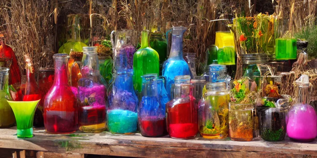 Image similar to colorful potions at the harvest festival, hyper realistic, 8 k, insane details,