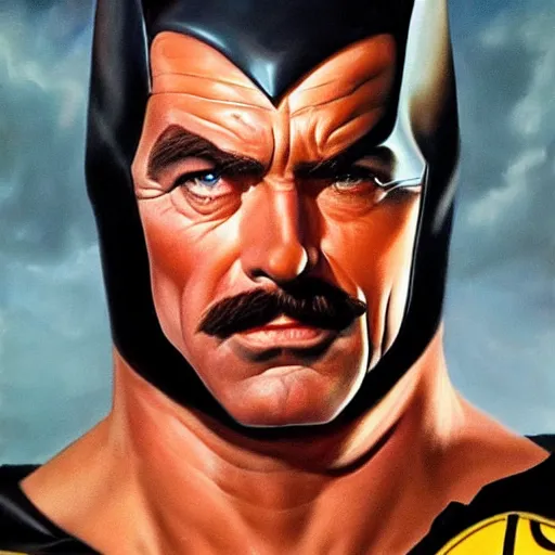 Image similar to ultra realistic portrait painting of tom selleck as batman, art by frank frazetta, 4 k, ultra realistic, highly detailed, epic lighting