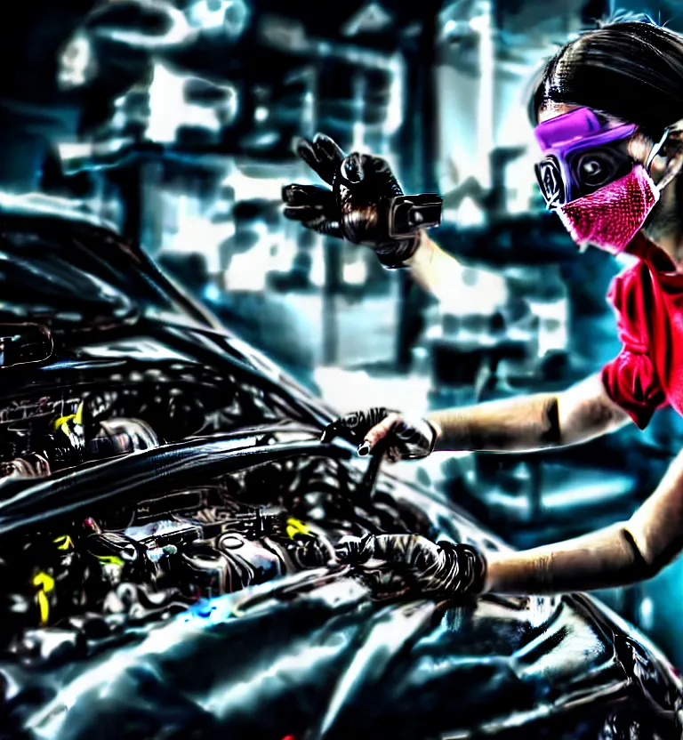 Image similar to a photo close up a female mechanic working on engine of a cyberpunk car,, wearing mask, cyberpunk garage, cyberpunk gunma prefecture, midnight, photorealistic, cinematic color, studio lighting, highly detailed, bokeh, style by tomino - sama