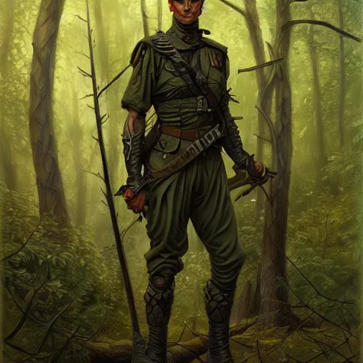 Prompt: male soldier in the forest, by gerald brom!!, D&D, fantasy, intricate, elegant, highly detailed, digital painting, artstation, concept art, matte, sharp focus, illustration