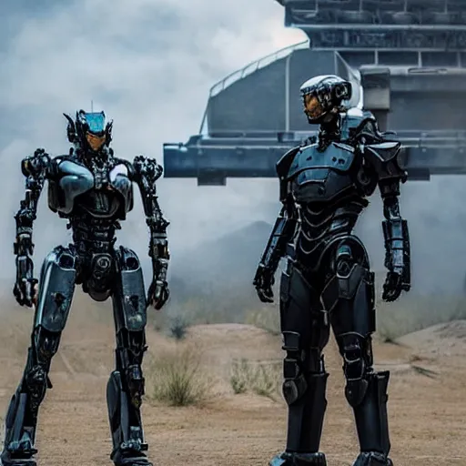 Prompt: cinematic still in westworld and real steel movie and pacific rim movie, one slim full body ornate armored core by fujioka kenki and by mamoru nagano, holding sci - fi rifle,