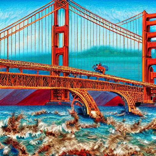 Prompt: giant bone creature standing in the ocean in front of the golden gate bridge, extreme detail, abstract realism, highly ornate intricate details, 1 9 2 0's colored pencil, 4 k, cinematic lighting,