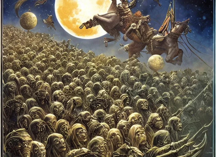 Prompt: beautiful as the moon, terrible as an army with banners. art by james c. christensen and ed binkley