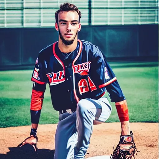 Prompt: “a realistic photo of a guy who is an attractive baseball player man who is part cyborg and part humanoid, who is a robot, Pierre Gasly”