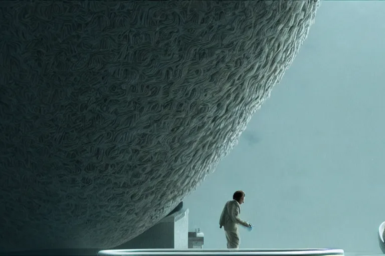 Image similar to hyperrealism aesthetic ridley scott style photography of detailed giant peeing in detailed ultra huge toilet bowl in surreal scene from detailed art house movie in style of denis villeneuve and wes anderson