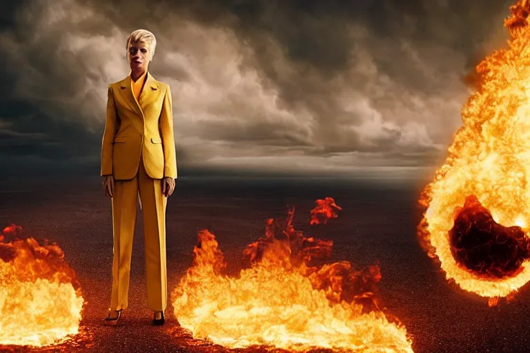 Image similar to a moody photograph of a confident caucasian woman in her 6 0's with short blonde hair wearing a tailored yellow suit standing against a backdrop of the planet earth engulfed in flames. photograph by annie leibowitz, cinematic lighting, sci fi, futuristic