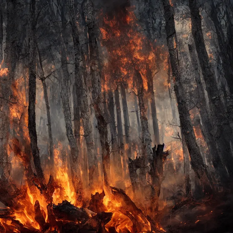 Image similar to burned forest to ashes with two men, highly detailed, smooth, sharp focus, portrait, concept art, intricate details, fantasy poster, dark athmosphere, 8 k. lifelike. nikon d 8 5 0