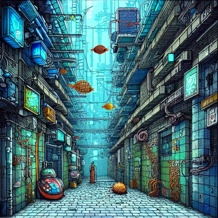 Image similar to an absurdly-detailed cyberpunk alleyway colored-pen drawing as a fancy square tile. Sea-life in a submerged-city.