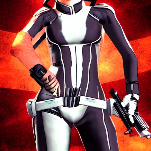Prompt: commander shepard in the style of james bond, commander shepard posing as agent 0 0 7