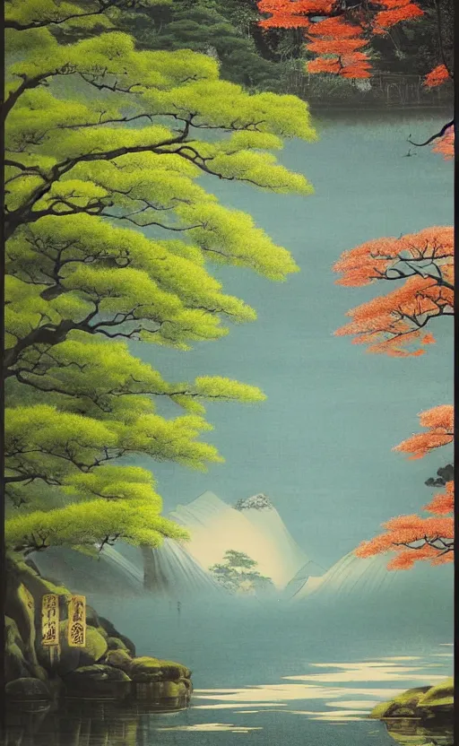 Prompt: japanese inspired poster, beautiful japanese architecture and nature, oil on canvas, japanese art beautiful aesthetic, photorealistic, lake, light rays theough the trees