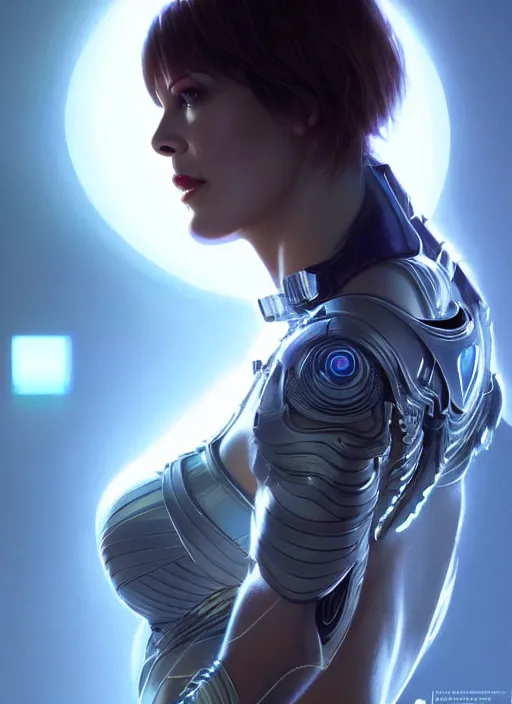 Image similar to portrait of female as cortana, milla jovovich, intricate, elegant, glowing lights, highly detailed, digital painting, artstation, glamor pose, concept art, smooth, sharp focus, illustration, epic angle, art by artgerm and greg rutkowski, artey freytag