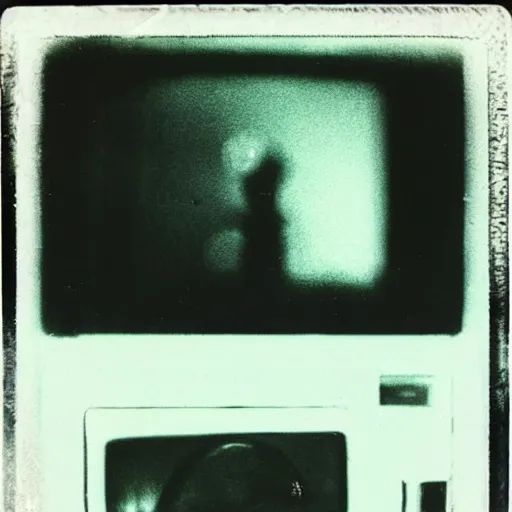 Image similar to creepy Polaroid photo of a cursed TV showing a well, 90s, black and white, dark room, found footage, in the style of the ring