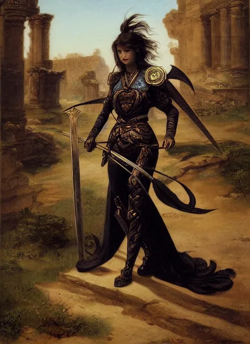 Image similar to woman in dark princess dragon armor, she is holding a katana sword, walking on the mystical ancient ruins. by william henry hunt