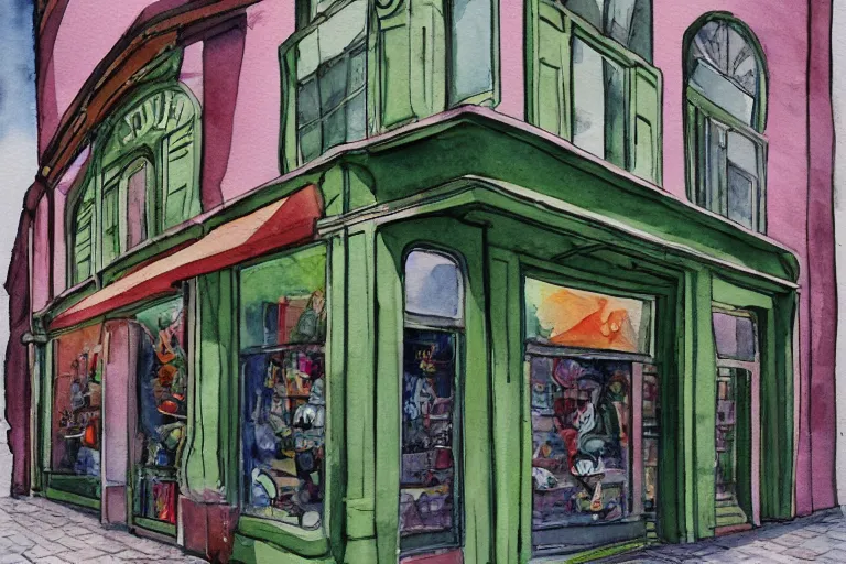 Prompt: watercolor artwork of sneaker store in russia : : green, art nouveau, trending on artstation