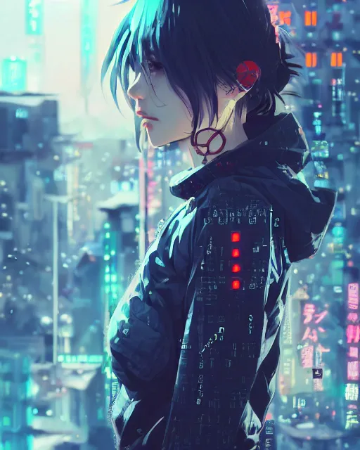 Image similar to kyoto animation, cool girl wearing cyberpunk intricate streetwear, beautiful, detailed portrait, cell shaded, 4 k, concept art, by wlop, ilya kuvshinov, artgerm, krenz cushart, greg rutkowski, pixiv. cinematic dramatic atmosphere, sharp focus, volumetric lighting, cinematic lighting, studio quality