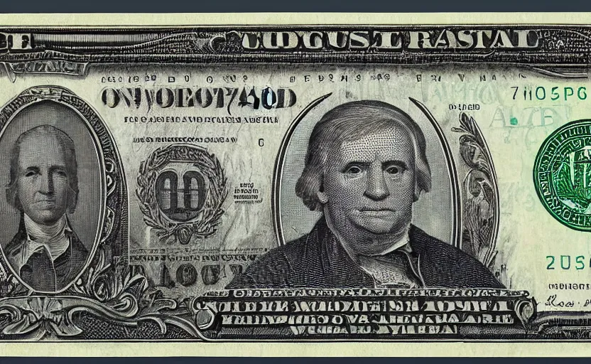 Image similar to rectangular photograph of negative one dollar u. s. currency note featuring former president trump