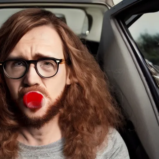 Prompt: movie scene of a handsome guy with chestnut hair long hair glasses being kindapped in the trunk of a car with tape on mouth