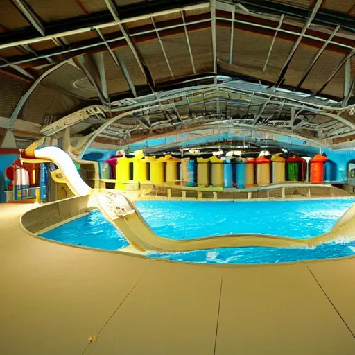 Prompt: empty indoor children's water park, water slides visible in the darkness, oddly familiar, nostalgic