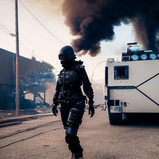 Image similar to Candid extreme wide shot of a poor techwear mixed woman with short hair and tattoos outside of a futuristic Los Angeles on fire, a police MRAP on fire, cyberpunk, 4k, extreme long shot, desaturated, full shot, action shot, motion blur, depth of field, sigma 85mm f/1.4, high resolution, 4k, 8k, hd, full color, award winning photography, war photography