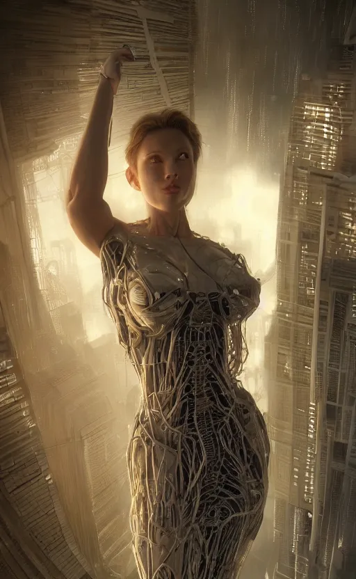 Image similar to Female in office dress, hyperrealistic mixed media, stunning 3d render inspired art by P. Craig Russell and Barry Windsor-Smith + perfect facial symmetry + dim volumetric lighting, 8k octane beautifully detailed render, post-processing, extremely hyperdetailed, intricate futuristic mechanic parts, epic composition, grim yet sparkling atmosphere, cinematic lighting + masterpiece, trending on artstation