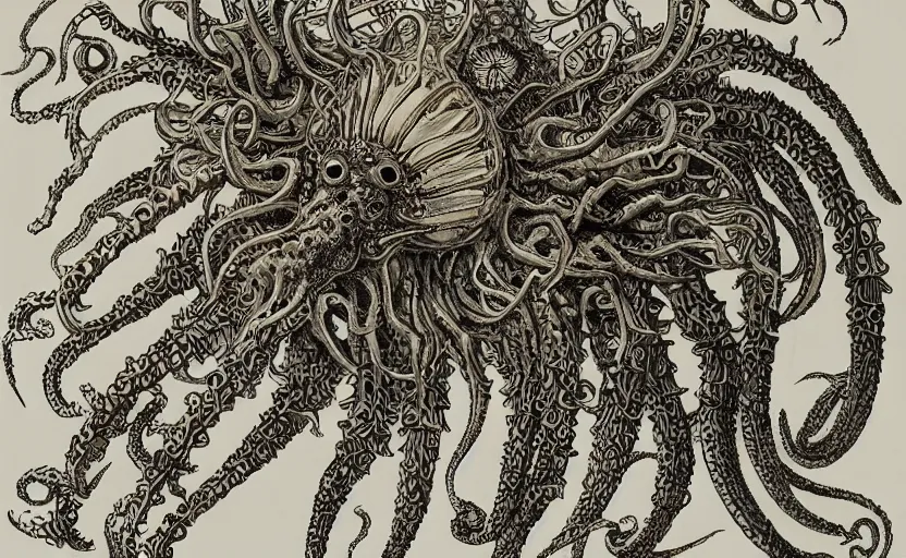 Image similar to monster character design, fantasy. intricate jellyfish crab eagle lizard biomechanical. by ernst haeckel