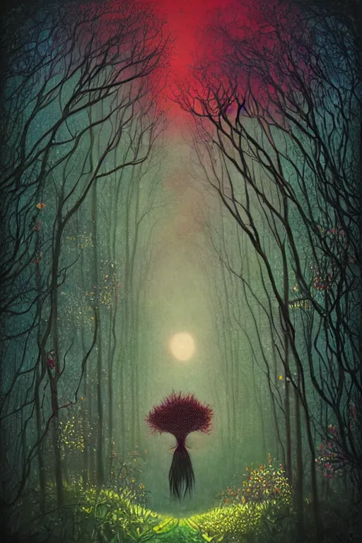 Prompt: surreal, fantasy, fairytale animals, flowerpunk, mysterious trail through the forest, by andy kehoe