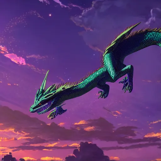 Image similar to serpentine dragon flying through the purple sunset sky, volumetric lighting, highly detailed, 4k, anime scenery by Makoto Shinkai.