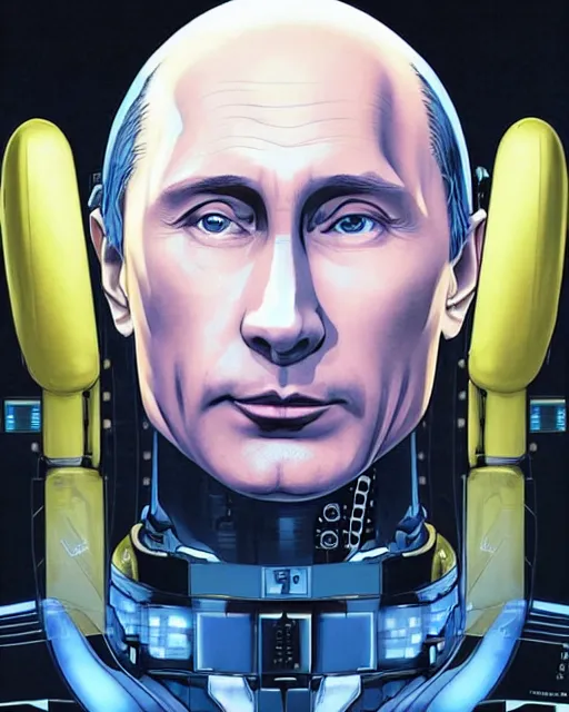 Image similar to portrait of vladimir putin as a robot, cybernetic enhancements, art by makoto shinkai and alan bean, yukito kishiro