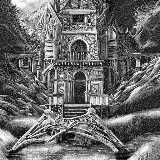 Image similar to monochrome illustration by David A. Trampier, fantasy, very detailed