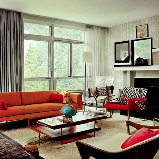 Image similar to mid century modern american life style living room interior by kelly wearstler, photorealism, detailed