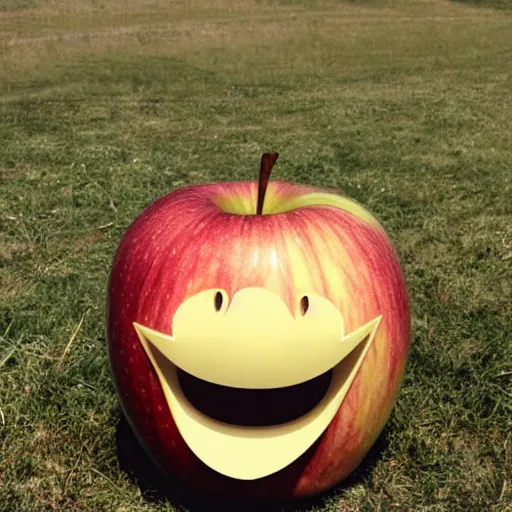 Image similar to happiest apple in the world, wide grin, photograph