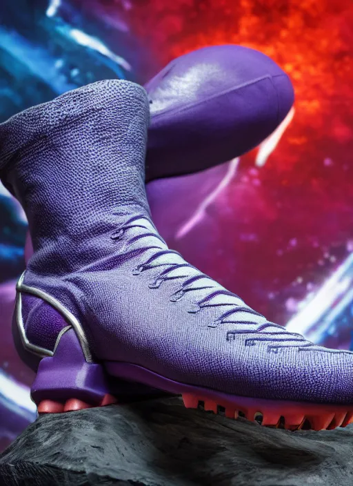 Image similar to hyperrealistic and heavy detailed product photo off white boot of thanos ( marvel comics ), in front of white back drop, whole shoe is in picture, leica sl 2 5 0 mm, vivid color, high quality, high textured, real life