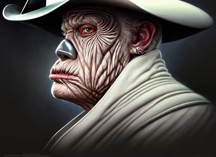 Image similar to portrait shot of white darth vader dressed like a texas sheriff wearing a cowboy hat, intricate, elegant, highly detailed, centered, digital painting, artstation, concept art, smooth, sharp focus, illustration, artgerm, tomasz alen kopera, peter mohrbacher, donato giancola, joseph christian leyendecker, wlop, boris vallejo