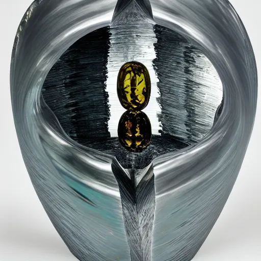 Image similar to an extremely reflective polished raytraced quantum homunculus jube slant metallic hypersculpture made of obsidian chrome ferrofluid magnesium opal citrine porcelain jubbleflups