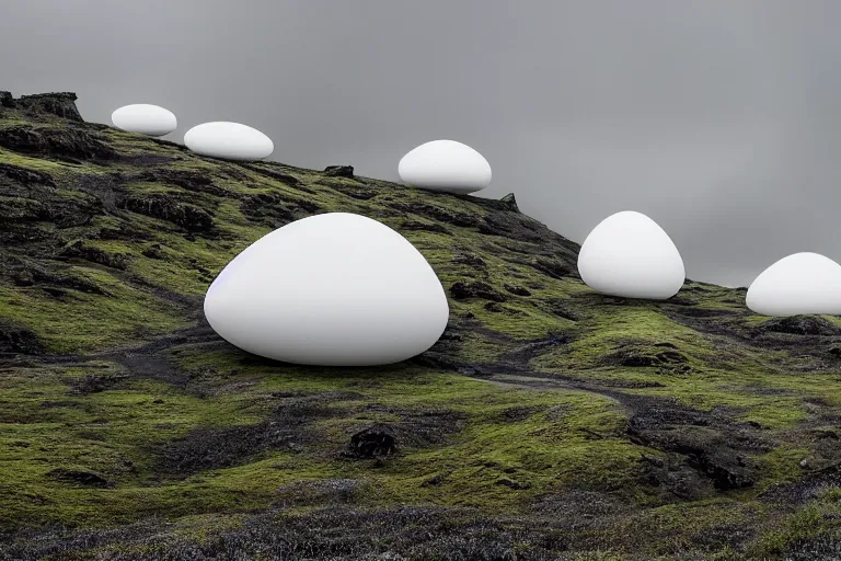 Image similar to several white future cyberpunk egg shaped buildings shine on a barren mossy mountain in iceland, and many wild animals, by hiroshi sugimoto and paul lehr and john schoenherr and john harris