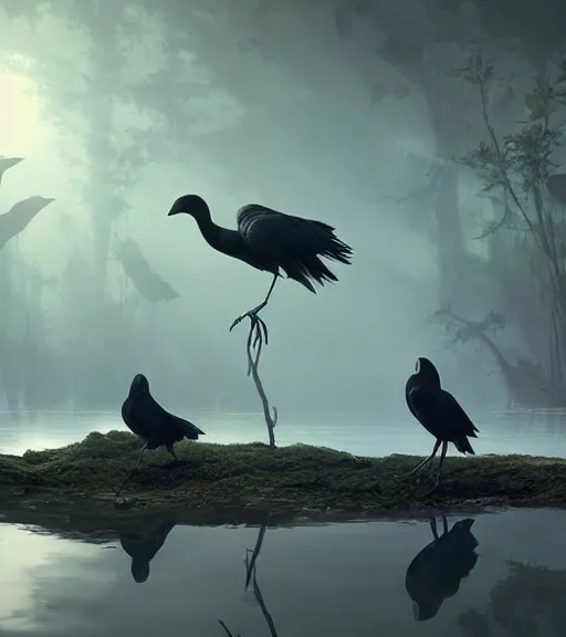 Image similar to three long legs long beak crows in a little boat in a swamp, volumetric lighting, majestic light, octane render, ethereal glare of the sun, hyperrealistic, epic, masterpiece, by greg rutkowski