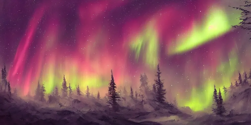 Image similar to sky with northern lights, illustration, best of artstation, steampunk style