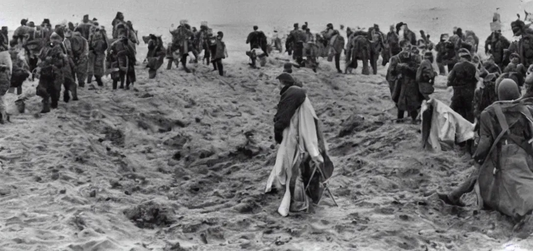 Image similar to the pope storming omaha beach during ww ii