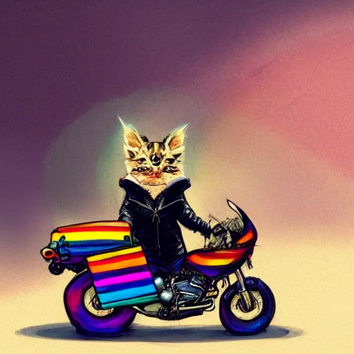 Image similar to wide angle full body, jacket wearing fluffy cute rainbow kitten wearing a black leather motorcycle jacket, riding on a motorcycle, cinematic concept art