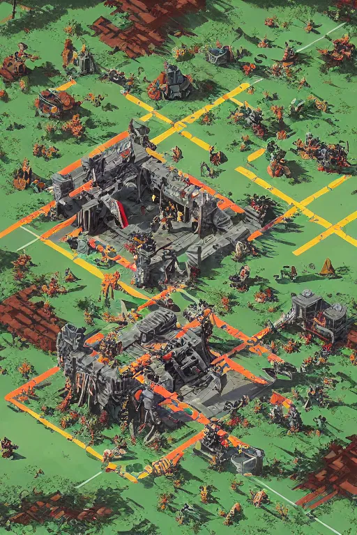 Prompt: Isometric pixelart of a Warhammer 40k battlefield, by Jesper Ejsing, RHADS, Makoto Shinkai and Lois van baarle, ilya kuvshinov, rossdraws global illumination