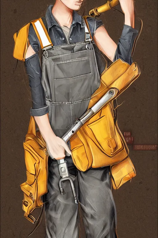 Prompt: a beautiful androgynous punk girl with short hair who is a mechanic wearing overalls with a utility bag and holding a wrench, digital illustration, digital concept art, digital painting, decorative background, trending on artstation