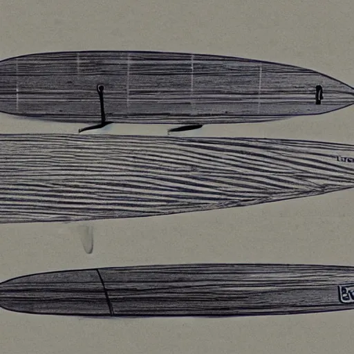 Image similar to blueprint sketch of a beautiful surfboard painted by leonardo da vinci, technical sketch, high detail, charocal drawing, firewire gofish, pukas surfboards, channel island surfboards