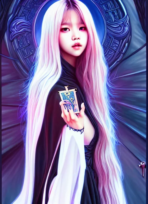 Image similar to lalisa manoban of blackpink, grim reaper costume, tarot card, highly detailed, digital painting, smooth, sharp focus, illustration, ultra realistic, 8 k, art by artgerm and alphonse mucha