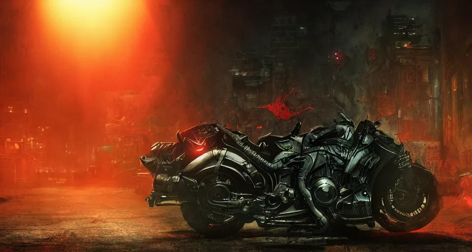 Prompt: The Batman Who Laughs and His Psycho Batcycle In A Dimly Lit Misty Sewer, red fluid, bats, sunset, volumetric lighting, hyperrealistic, beautiful details, HDR, octane render, action shot, wide angle, bokeh, Yasushi Niarasawa Moebius Giger Style